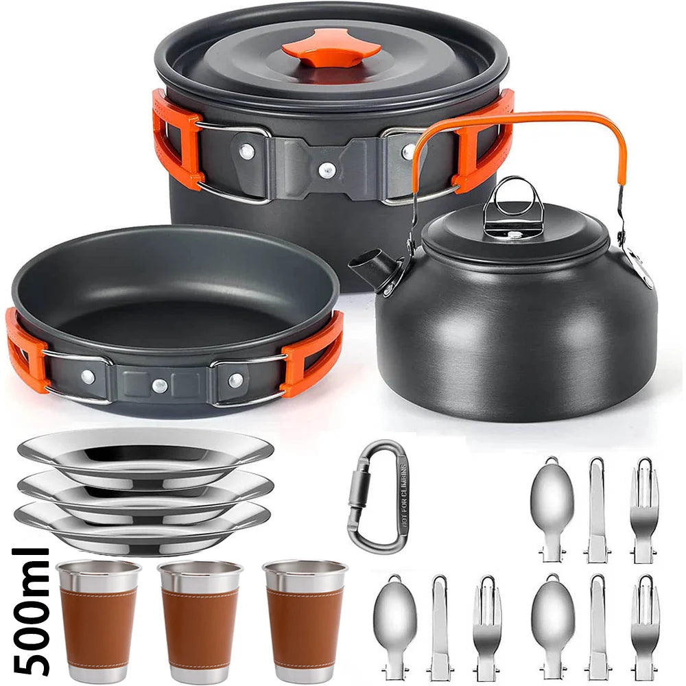 Conjunto de cozinha para acampamento, utensílios de cozinha para acampamento, utensílios de mesa para viagem, conjunto para piquenique ao ar livre, bule para 2 a 3 pessoas, potes antiaderentes, conjuntos variados