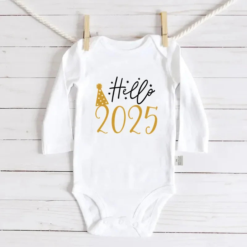 Olá 2026 Body para bebê recém-nascido de algodão, manga comprida, macacão infantil, meninos e meninas, roupas de ano novo, presente de Natal