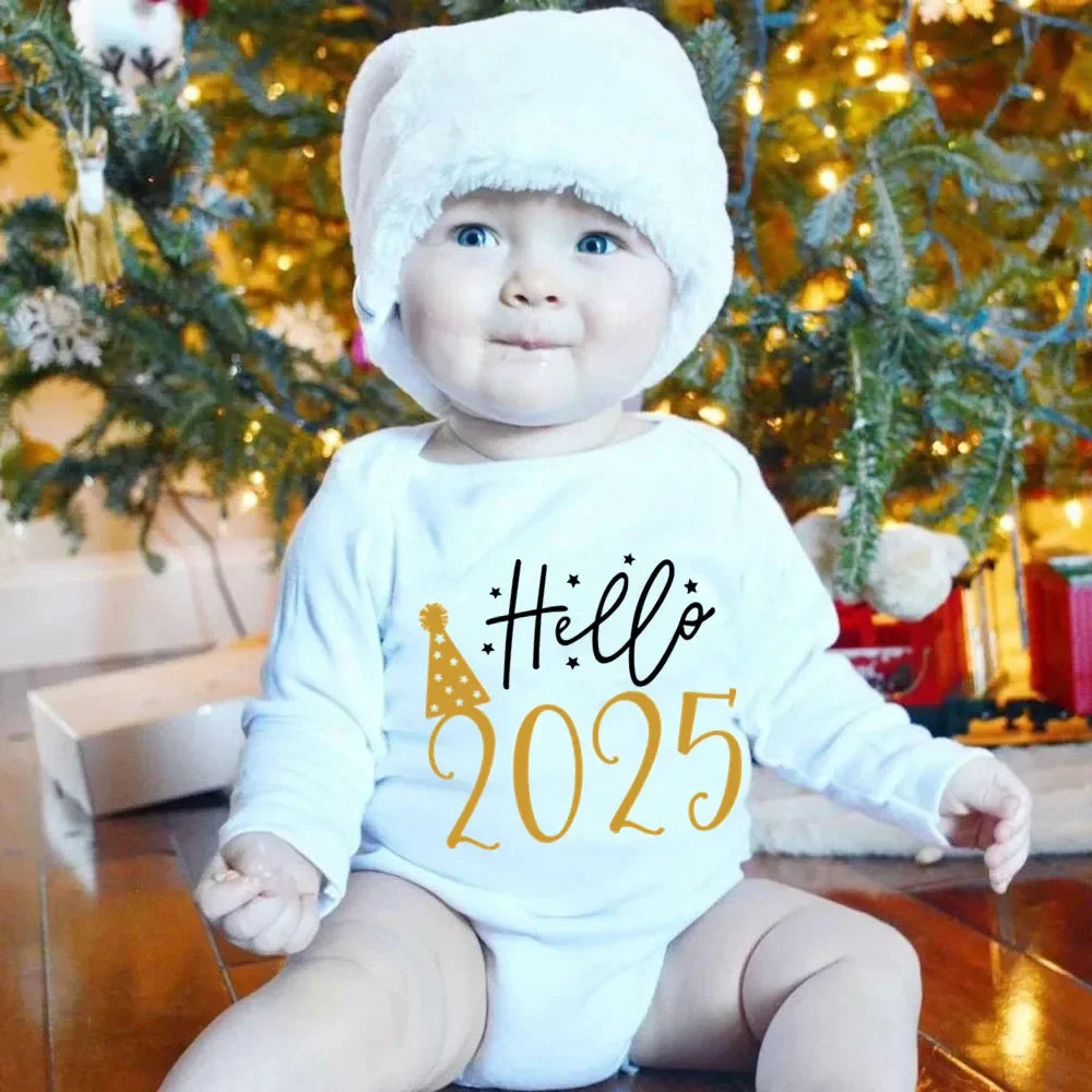 Olá 2026 Body para bebê recém-nascido de algodão, manga comprida, macacão infantil, meninos e meninas, roupas de ano novo, presente de Natal