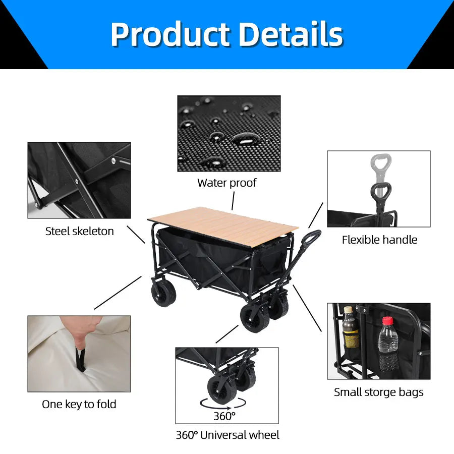 Carrinho dobrável e resistente, carrinho de grande capacidade para uso ao ar livre, carrinho de acampamento portátil para jardim