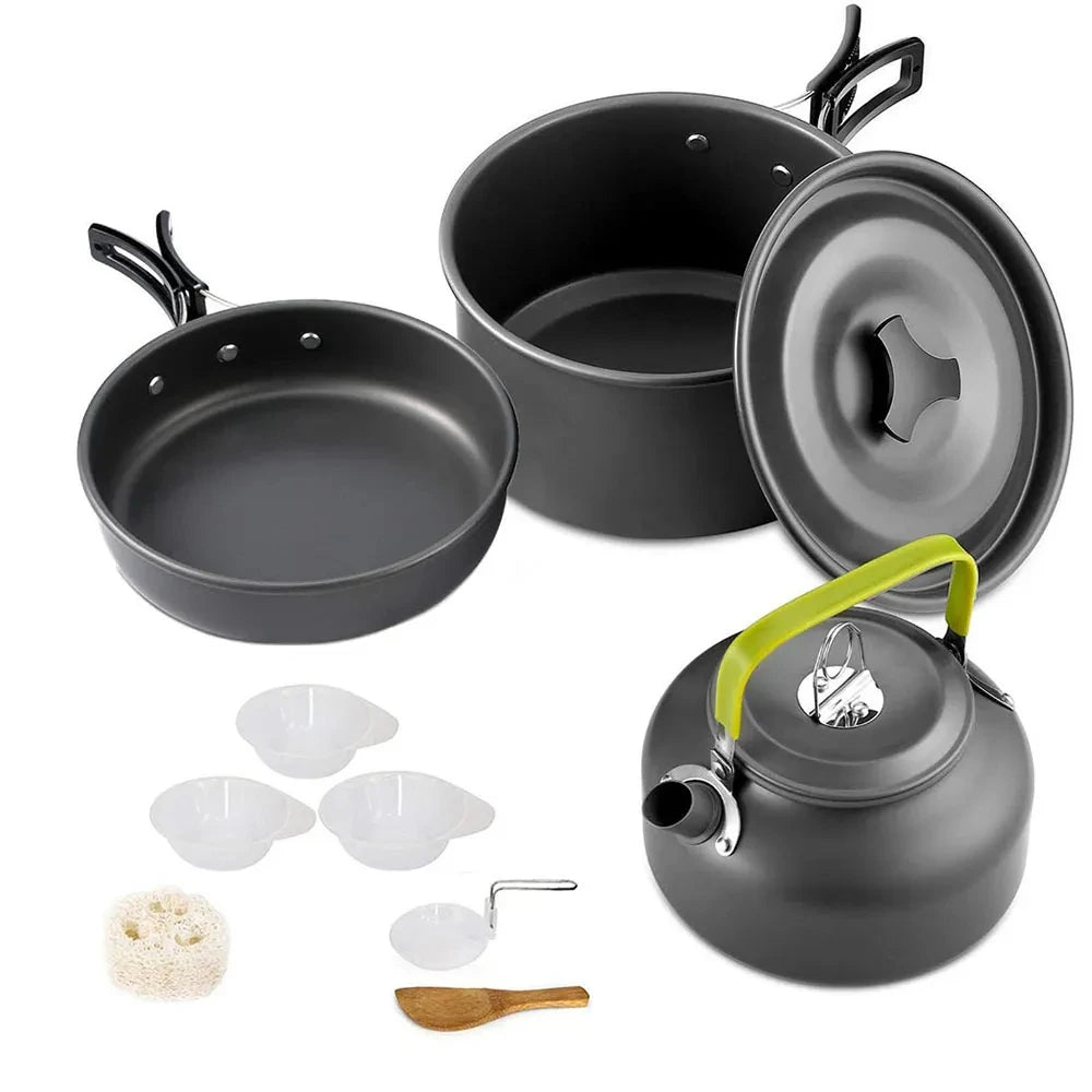 Conjunto de cozinha para acampamento, utensílios de cozinha para acampamento, utensílios de mesa para viagem, conjunto para piquenique ao ar livre, bule para 2 a 3 pessoas, potes antiaderentes, conjuntos variados