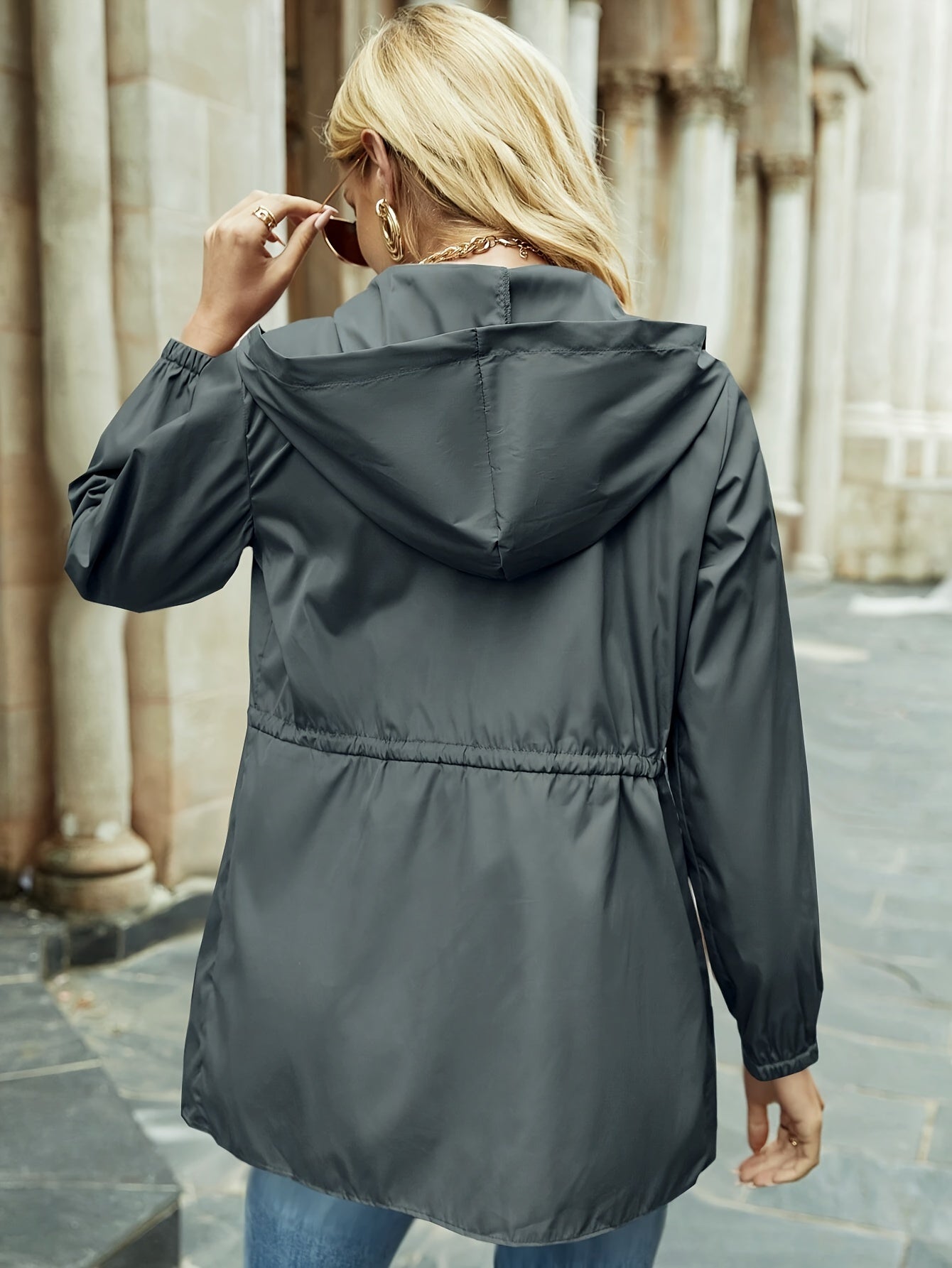 Jaqueta de cintura com zíper e cordão de cor lisa, jaqueta casual com capuz de manga comprida para primavera e outono, roupas femininas