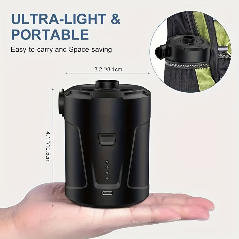 Bomba de ar elétrica recarregável via USB - Dispositivo de inflação compacto e sem fio para camping, portátil para almofadas infláveis, colchões de ar, barcos, boias de natação, feito com ABS durável e cobre