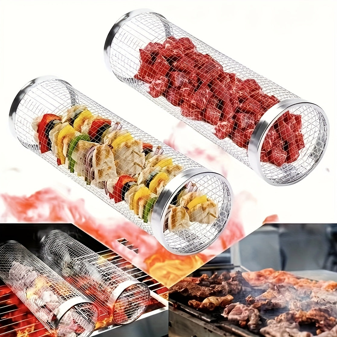 Conjunto de 3 peças (gaiola para grelha + garfo para grelha + gancho) em aço inoxidável, cesta portátil para churrasco ao ar livre, grelha redonda para fogueira, acessório multiuso para churrasqueira de acampamento