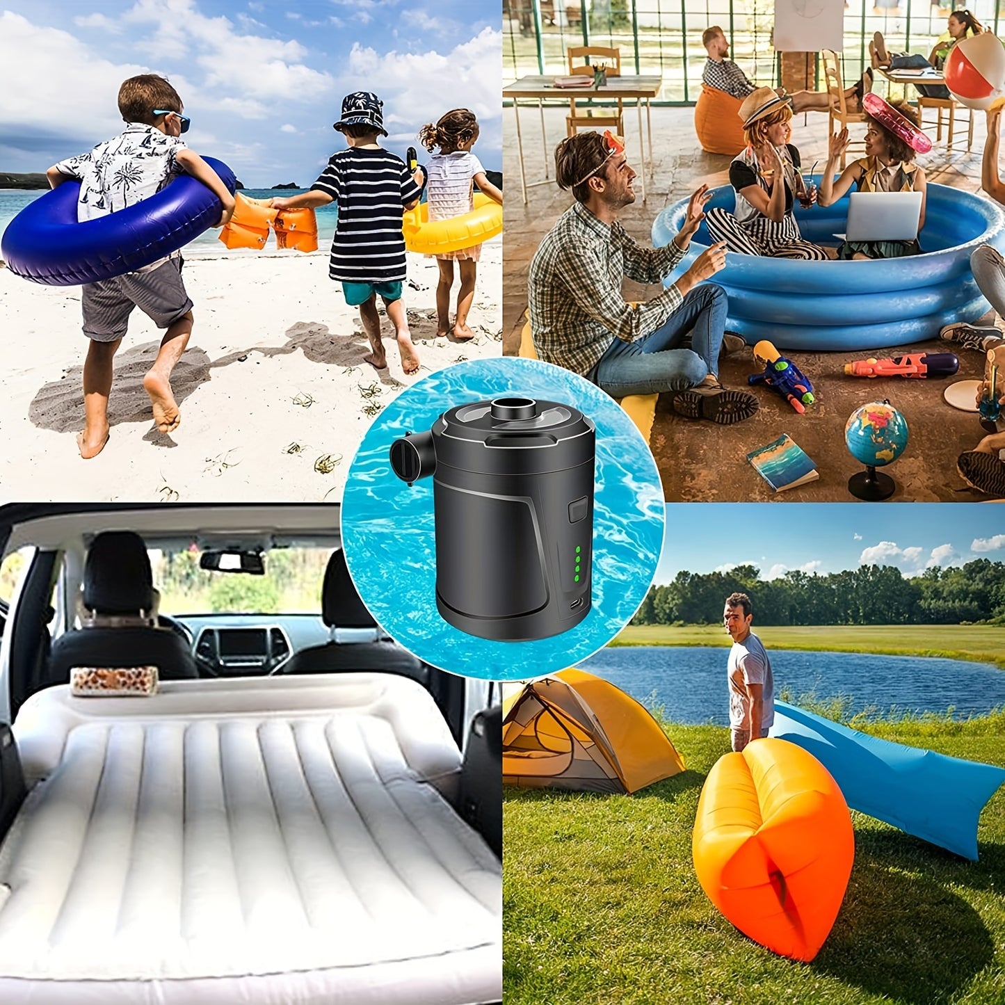 Bomba de ar elétrica recarregável via USB - Dispositivo de inflação compacto e sem fio para camping, portátil para almofadas infláveis, colchões de ar, barcos, boias de natação, feito com ABS durável e cobre