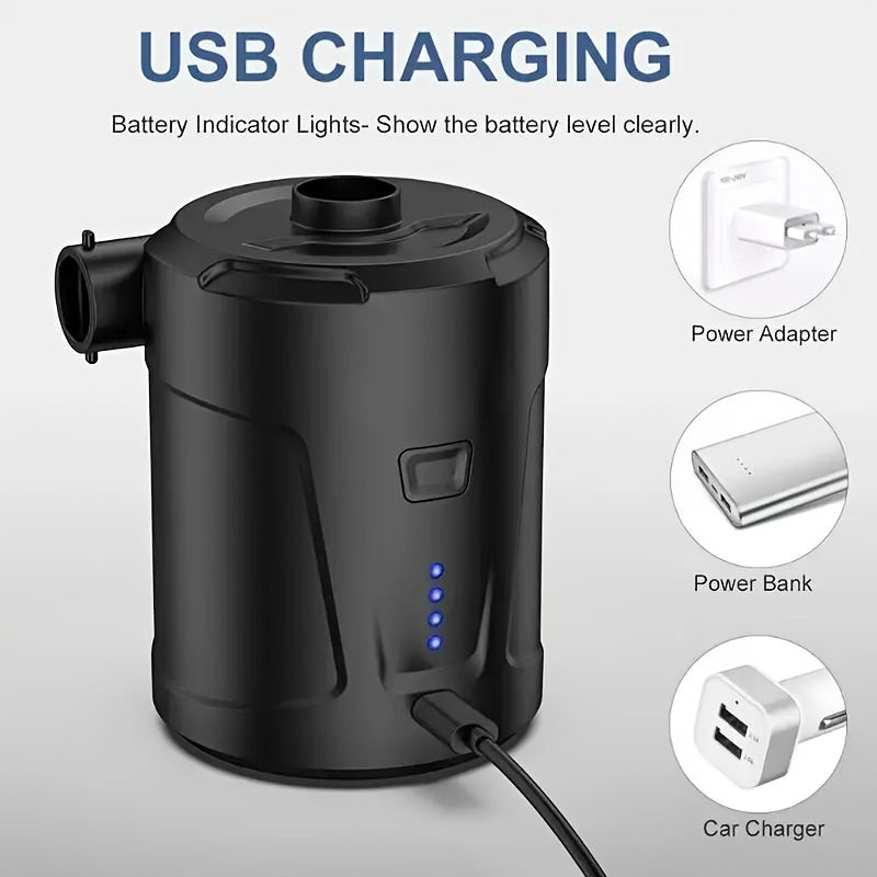 Bomba de ar elétrica recarregável via USB - Dispositivo de inflação compacto e sem fio para camping, portátil para almofadas infláveis, colchões de ar, barcos, boias de natação, feito com ABS durável e cobre
