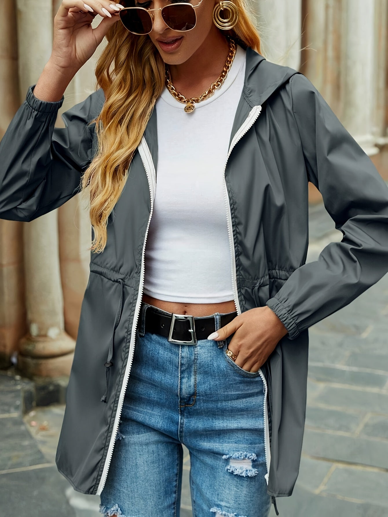 Jaqueta de cintura com zíper e cordão de cor lisa, jaqueta casual com capuz de manga comprida para primavera e outono, roupas femininas