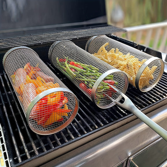 Conjunto de 3 peças (gaiola para grelha + garfo para grelha + gancho) em aço inoxidável, cesta portátil para churrasco ao ar livre, grelha redonda para fogueira, acessório multiuso para churrasqueira de acampamento
