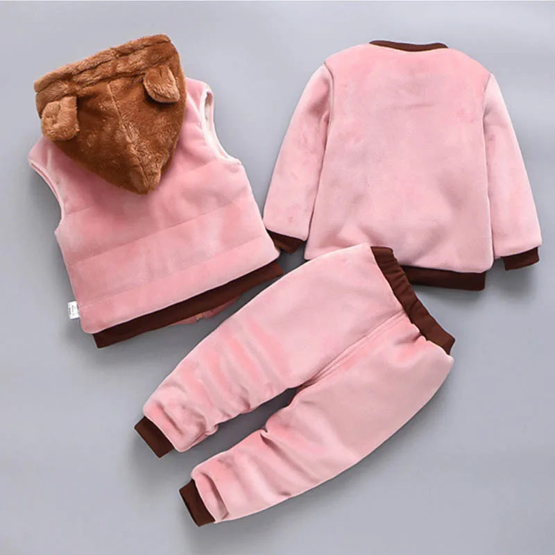 Conjunto de roupas para bebês meninos e meninas Tricken Fleece Crianças Com Capuz Casacos Tops Calças 3PCS Roupas Crianças Criança Traje Quente