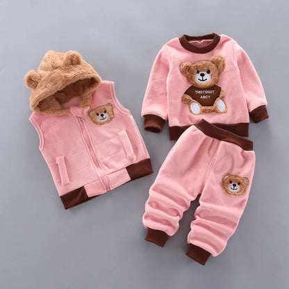 Conjunto de roupas para bebês meninos e meninas Tricken Fleece Crianças Com Capuz Casacos Tops Calças 3PCS Roupas Crianças Criança Traje Quente