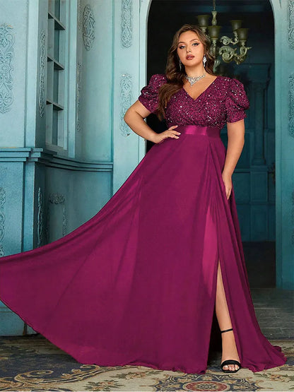 Vestido de noite plus size com decote em V, lantejoulas, manga bufante, comprimento até o chão, chiffon, 4XL 5XL, tamanho grande, bordô