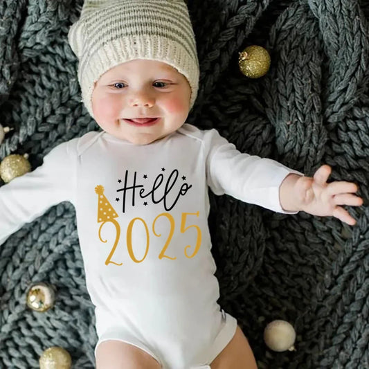 "Hello 2025" Body para bebê Algodão Manga Longa Macacão Infantil Body Bebê Meninos Meninas Ano Novo Roupas Presente de Natal