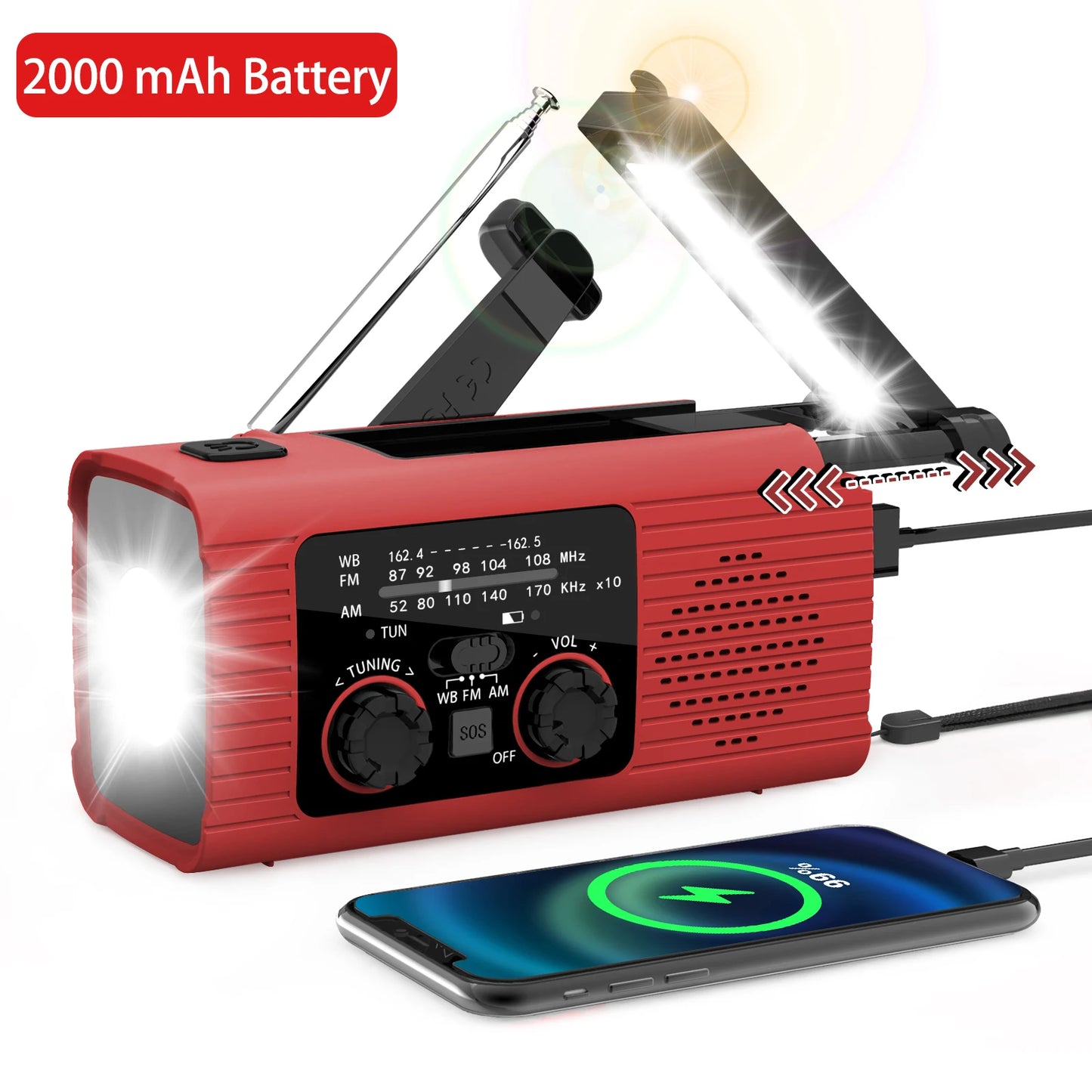Rádio solar recarregável Rádio com luz LED Luz de emergência recarregável de mão Luz de emergência à prova d'água para aventuras ao ar livre