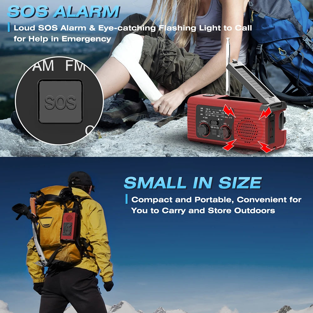 Rádio solar recarregável Rádio com luz LED Luz de emergência recarregável de mão Luz de emergência à prova d'água para aventuras ao ar livre