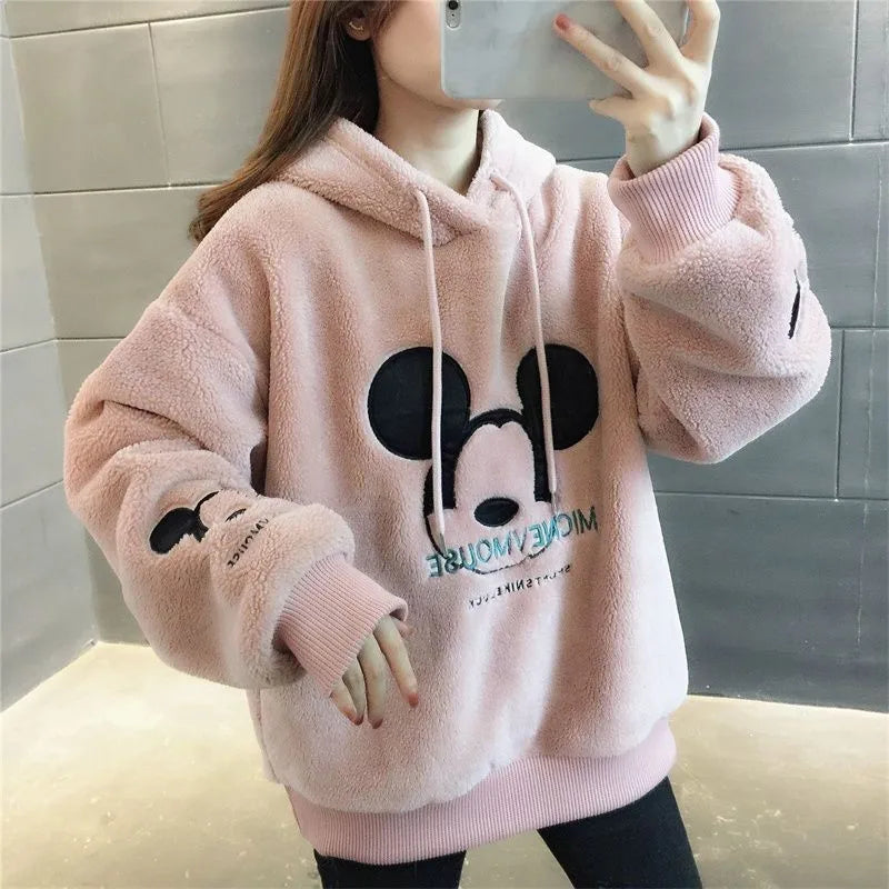 Disney Cute Mickey Minnie Mouse Hoodies Mulheres Outono Inverno Pulôver