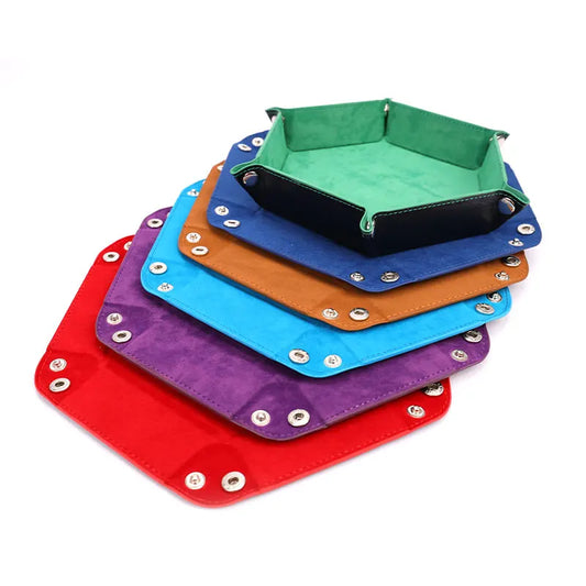 Nova caixa de bandeja hexagonal dobrável para dados, caixa de couro PU para armazenamento de mesa, bandeja quadrada para moedas hexagonais dobráveis, jogo de dados, 6 estilos