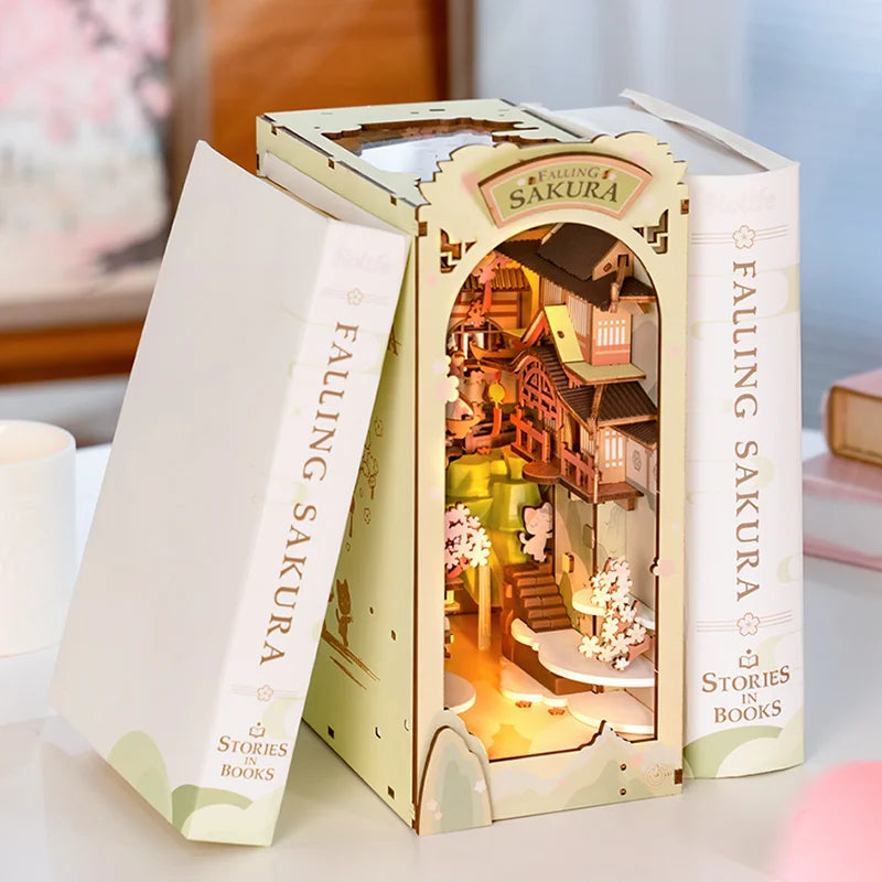 Book Nook Falling Sakura - Kit DIY Miniatura 3D com Iluminação LED