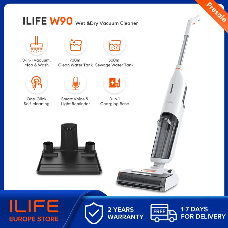 ILIFE W90 Lavagem sem fio inteligente para molhado e seco, sucção de 5500 Pa, autolimpeza de 1 minuto, grande tanque de água duplo