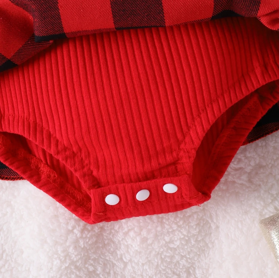 Macacão de Natal para meninas recém-nascidas, vestido com babados, manga comprida, xadrez, saia, bainha, body com faixa na cabeça