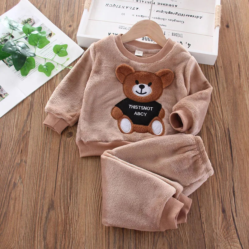 Novos conjuntos de roupas de inverno para bebês meninas meninos roupas de flanela moda outono roupas de lã infantil desenho animado urso pijamas infantis