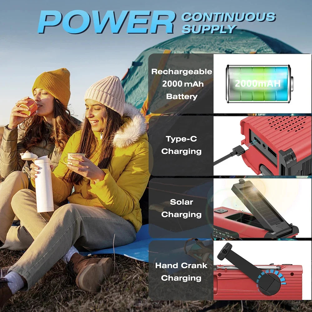 Rádio solar recarregável Rádio com luz LED Luz de emergência recarregável de mão Luz de emergência à prova d'água para aventuras ao ar livre