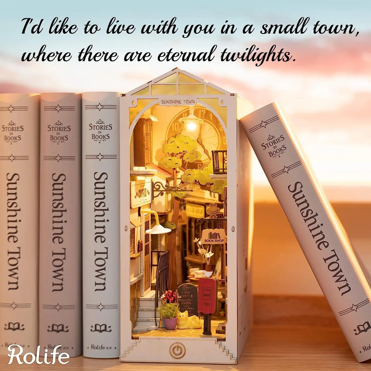 Book Nook Sunshine Town - Kit DIY Miniatura 3D com Iluminação LED