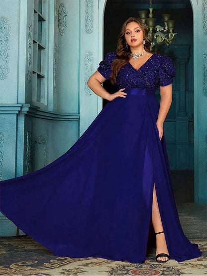 Vestido de noite plus size com decote em V, lantejoulas, manga bufante, comprimento até o chão, chiffon, 4XL 5XL, tamanho grande, bordô