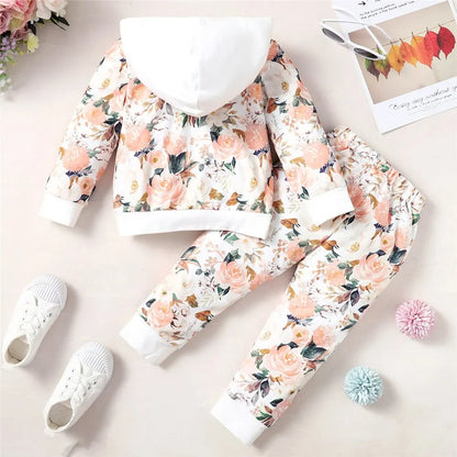 Conjunto de roupas para meninas de 1 a 5 anos, 2 peças, estampa floral, moletom com capuz, manga comprida, blusa + calça, roupa quente de outono e inverno para meninas