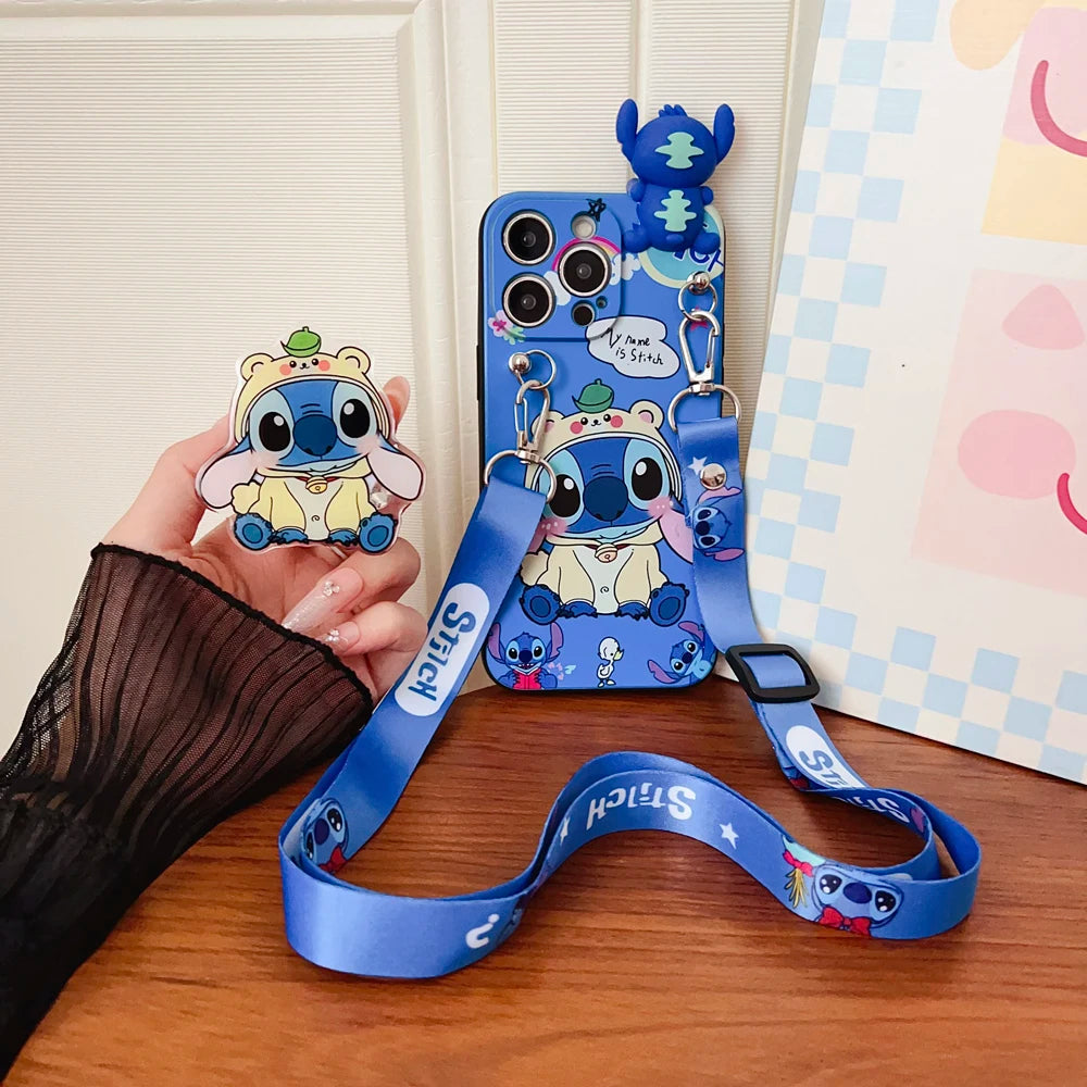 Capa Shy Stitch com suporte de corda para Xiaomi Redmi 8 9 10A 12 13 10C 12C 13C 14C A1 A3 Note 7 8 9 9s 10 11 12 13 14 Pro