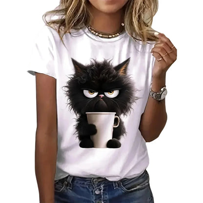 Camiseta estampada branca engraçada com gato