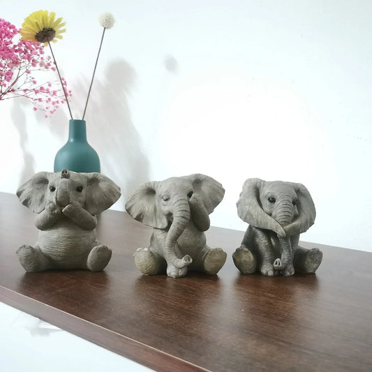 3 tipos de decoração de elefante bebê de resina Lucky Feng Shui Boneca elefante cinza Boneca elefante fofa criativa Decoração para casa