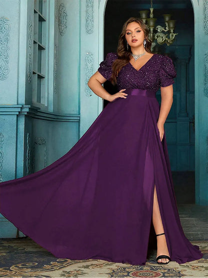 Vestido de noite plus size com decote em V, lantejoulas, manga bufante, comprimento até o chão, chiffon, 4XL 5XL, tamanho grande, bordô