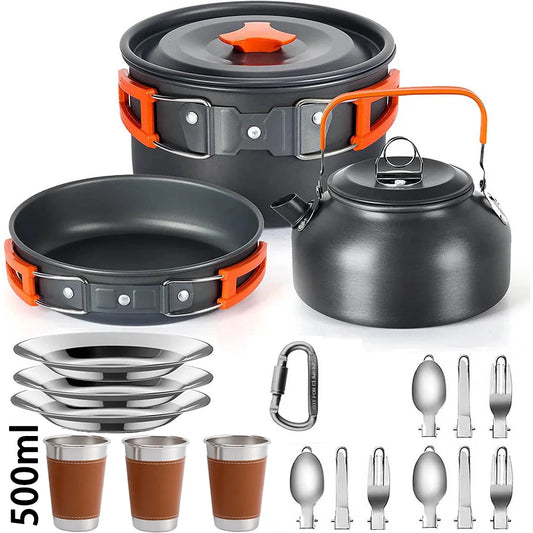 Conjunto de cozinha para acampamento, utensílios de cozinha para acampamento, utensílios de mesa para viagem, conjunto para piquenique ao ar livre, bule para 2 a 3 pessoas, potes antiaderentes, conjuntos variados