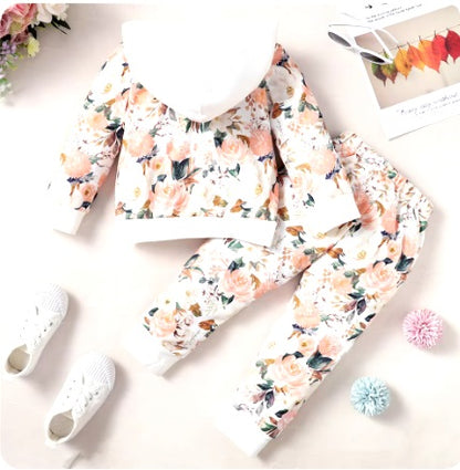 Conjunto de roupas para meninas de 1 a 5 anos, 2 peças, estampa floral, moletom com capuz, manga comprida, blusa + calça, roupa quente de outono e inverno para meninas