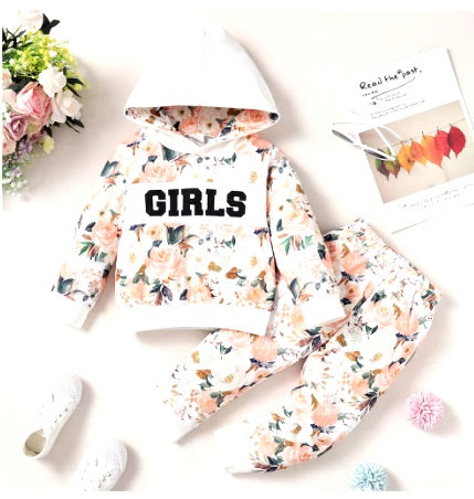 Conjunto de roupas para meninas de 1 a 5 anos, 2 peças, estampa floral, moletom com capuz, manga comprida, blusa + calça, roupa quente de outono e inverno para meninas