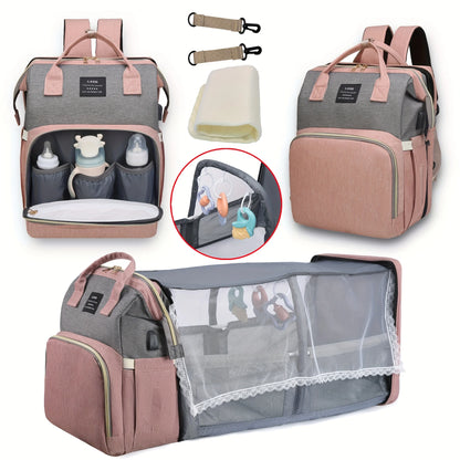 Mochila Maternidade Multifuncional com Berço Dobrável e Entrada USB