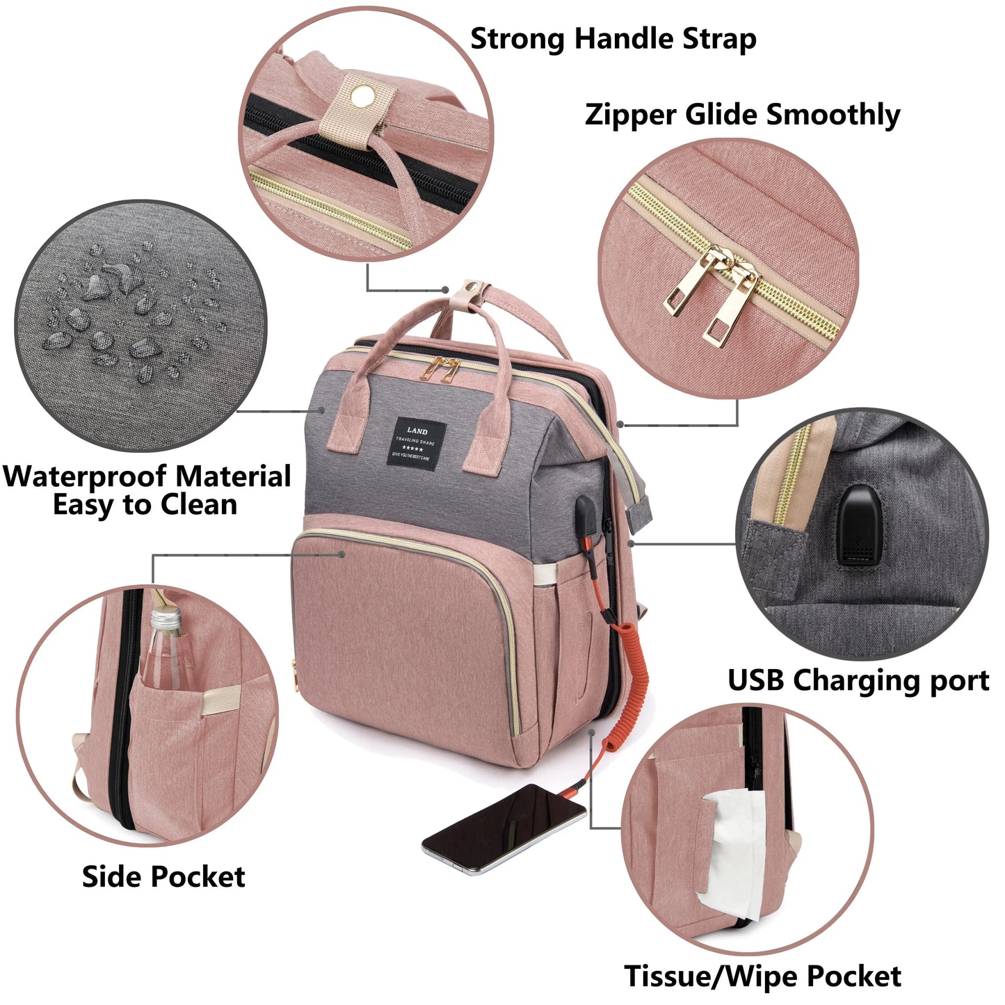 Mochila Maternidade Multifuncional com Berço Dobrável e Entrada USB