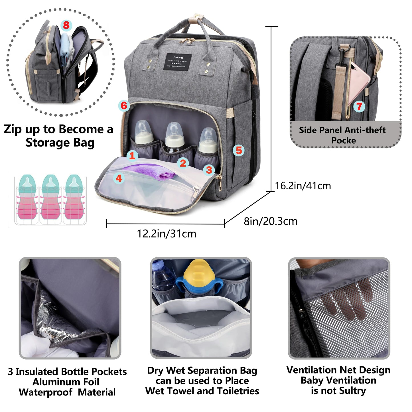 Mochila Maternidade Multifuncional com Berço Dobrável e Entrada USB