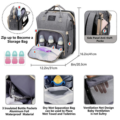Mochila Maternidade Multifuncional com Berço Dobrável e Entrada USB