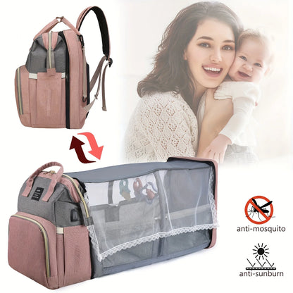 Mochila Maternidade Multifuncional com Berço Dobrável e Entrada USB